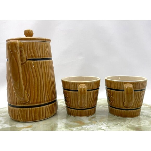 Vintage 60s coffee set, coffee pot & 2 cups, faux wood grain, Royal Sealy Japan - Picture 4 of 7